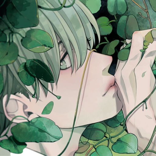 Anime boy with pale hair partially obscured by lush green leaves, depicted in a detailed, stylized forum avatar/profile photo.