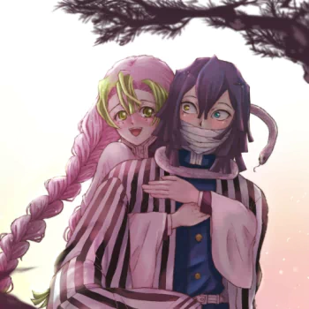 Forum avatar of Mitsuri Kanroji and Obanai Iguro from the anime Demon Slayer: Kimetsu no Yaiba — a close, pastel-toned portrait with Mitsuri embracing Obanai.