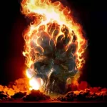 Dark forum avatar/pfp: a skull wreathed in roaring orange flames against a black background.