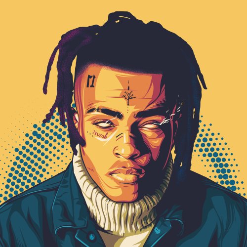 Stylized music forum avatar of a tattooed rapper with dreadlocks, face tattoos and a turtleneck against a halftone yellow background.