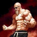 Anime-style avatar of a muscular, bald character with a white beard and sunglasses, inspired by Dragon Ball, set against a fiery red background.