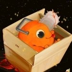 Anime forum avatar: Pochita (Chainsaw Man) — orange chainsaw-dog curled in a wooden box against a starry background.
