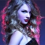 Music-themed forum avatar: glamorous pop-singer profile with curly blonde hair, red lips and dramatic purple-pink stage lighting.