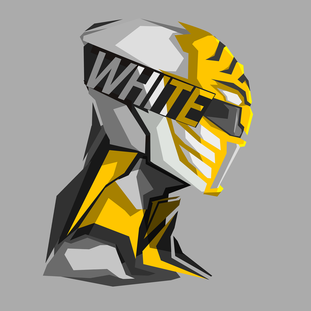 Minimalist forum avatar of the White Power Ranger helmet in yellow, gray and black with WHITE lettering — a stylized profile image referencing the Power Rangers TV show.