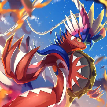 Forum avatar/pfp of Koraidon (Pokémon) from the video game Pokémon: Scarlet and Violet — vibrant close-up of the red, feathered legendary against a fiery sky.