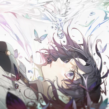 Forum avatar of Shinobu Kochou from Demon Slayer: Kimetsu no Yaiba — anime-style face-up portrait surrounded by butterflies and flowing, watery swirls in soft, iridescent colors.