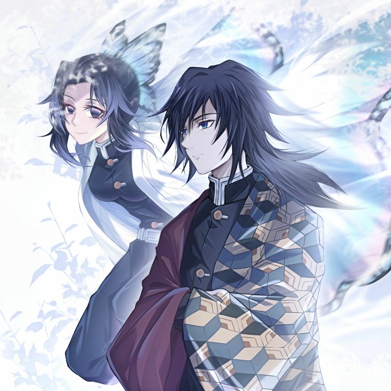 Forum avatar of Demon Slayer characters Giyuu Tomioka (foreground) and Shinobu Kocho (behind), in a blue-white composition with water and butterfly motifs.