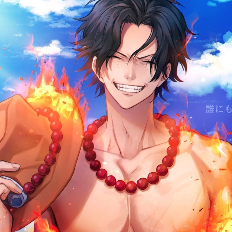 Forum avatar of One Piece's Portgas D. Ace: smiling, shirtless, black-haired Ace wearing a red bead necklace and holding his flaming hat amid blazing flames.