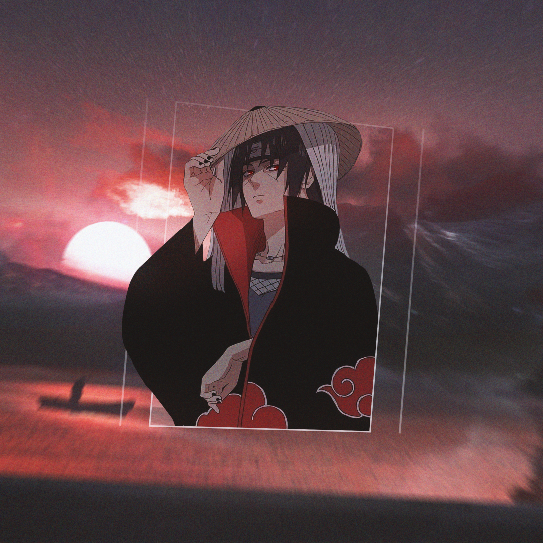 Forum avatar/profile photo of Itachi Uchiha from Naruto: stoic Itachi in an Akatsuki cloak lifting a straw hat, framed against a dramatic red sunset over dark waters.