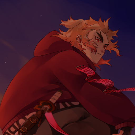 Forum avatar of Kyojuro Rengoku (Demon Slayer: Kimetsu no Yaiba) — anime-style pfp showing his fiery hair, red jacket and sword at his side.