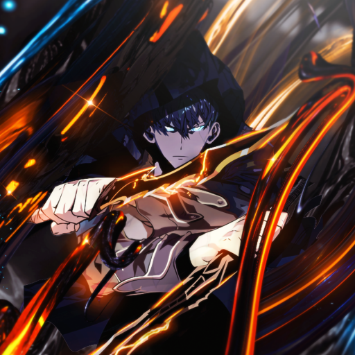 Anime-style avatar of Sung Jin-Woo from Solo Leveling, depicted with dark attire and dynamic fiery energy effects surrounding him.