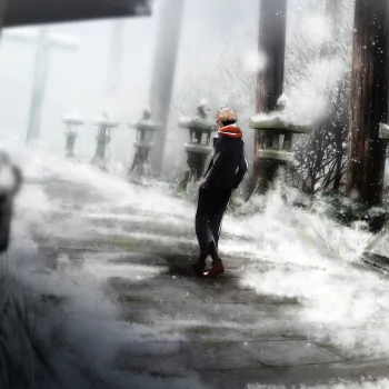Forum avatar of Yuji Itadori from Jujutsu Kaisen: red-hooded figure standing on a snowy shrine path beneath torii gates, moody winter atmosphere.