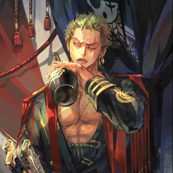Anime-style forum avatar of Roronoa Zoro from One Piece, depicted with a serious expression, holding a bottle, and wearing a detailed military-inspired outfit.