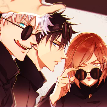 Jujutsu Kaisen anime forum avatar — Gojo, Megumi, and Nobara close-up trio wearing sunglasses in stylized fanart.