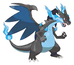 Anime-style avatar featuring Mega Charizard X, a black and blue Pokémon with blue flames and wings, designed as a forum profile picture.