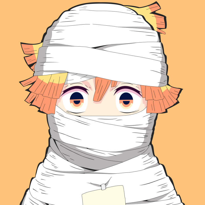 Forum avatar/pfp of Zenitsu Agatsuma (Demon Slayer: Kimetsu no Yaiba): anime headshot with orange hair and wide eyes, face almost entirely wrapped in white bandages on a peach background.