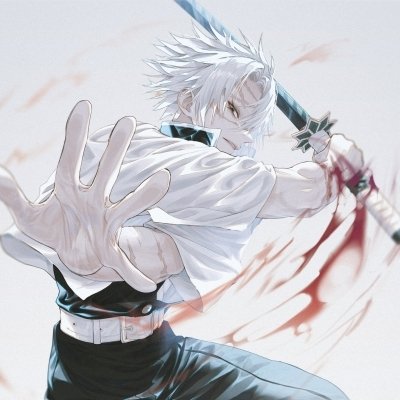 Sanemi Shinazugawa from Demon Slayer: Kimetsu no Yaiba in an intense battle pose, wielding a blood-stained sword in this dynamic anime forum avatar.