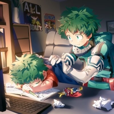 Anime-style forum avatar featuring Izuku Midoriya from My Hero Academia, showing a caring moment as he encourages his younger self studying at a desk cluttered with papers.