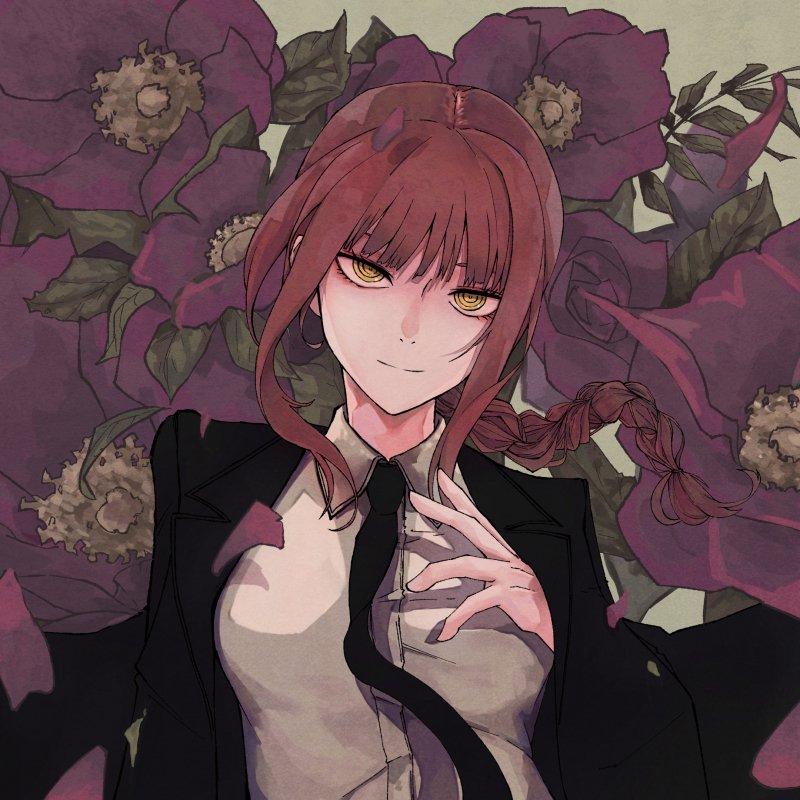 Forum avatar of Makima (Chainsaw Man): anime-style portrait of a confident red-haired woman in a black suit and white shirt, yellow eyes and braided hair, with large purple flowers behind her.