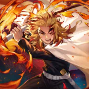Forum avatar of Kyojuro Rengoku (Demon Slayer) wielding a fiery sword, flame-patterned cloak billowing and a fierce, determined grin.