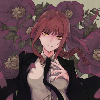 Forum avatar of Makima (Chainsaw Man): anime-style portrait of a confident red-haired woman in a black suit and white shirt, yellow eyes and braided hair, with large purple flowers behind her.