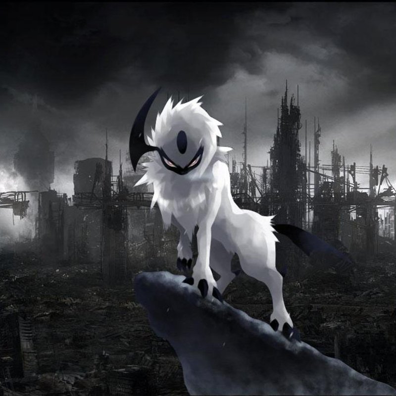 Anime-style Pokémon Absol stands on a rock overlooking a dark, ruined industrial landscape under a stormy sky in this dramatic forum avatar image.