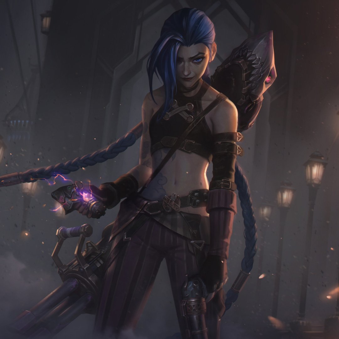 Forum avatar of Jinx from the TV show Arcane — blue‑braided, grinning, clutching a glowing explosive device in a dim, lantern‑lit street scene.