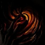 Naruto anime forum avatar/pfp: dark, swirling orange-and-black energy coalesces into a glowing fox-like silhouette emerging from shadow.
