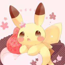 Anime-style Pikachu (Pokémon) forum avatar: chibi, rosy-cheeked Pikachu cuddling a strawberry on a pink, floral background, designed as a profile photo.