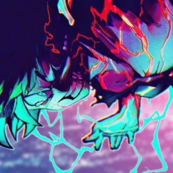Forum pfp of Izuku Midoriya, Anime (My Hero Academia): neon cyan and magenta stylized art showing electric energy and a fierce, determined expression.