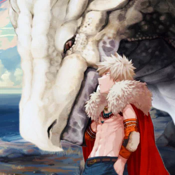 Forum avatar/pfp of Katsuki Bakugou (My Hero Academia): shirtless with a fur-trimmed red cape and tribal beads, standing beside a large white dragon against a seaside backdrop.