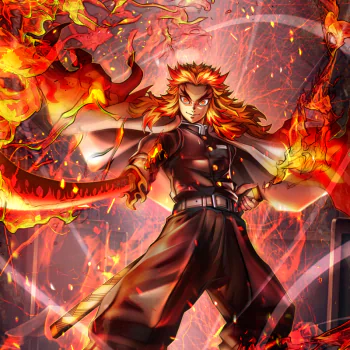 Forum avatar of Kyojuro Rengoku from Demon Slayer: Kimetsu no Yaiba, fiery-haired and eyes fierce, wielding a blazing sword with flames swirling around him.