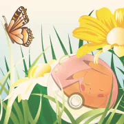 Anime-style forum avatar/pfp: a sleeping Pokémon curled in a Poké Ball among grass and daisies, a butterfly hovering nearby.