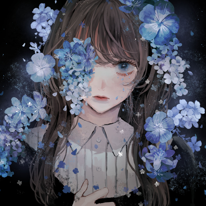 Anime-style girl portrait framed by blue flowers, pale skin and solemn eyes — stylized forum avatar / pfp / profile photo.