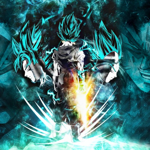 A dynamic anime forum avatar featuring Goku from Dragon Ball Super in his blue Super Saiyan form surrounded by energy effects and multiple poses.