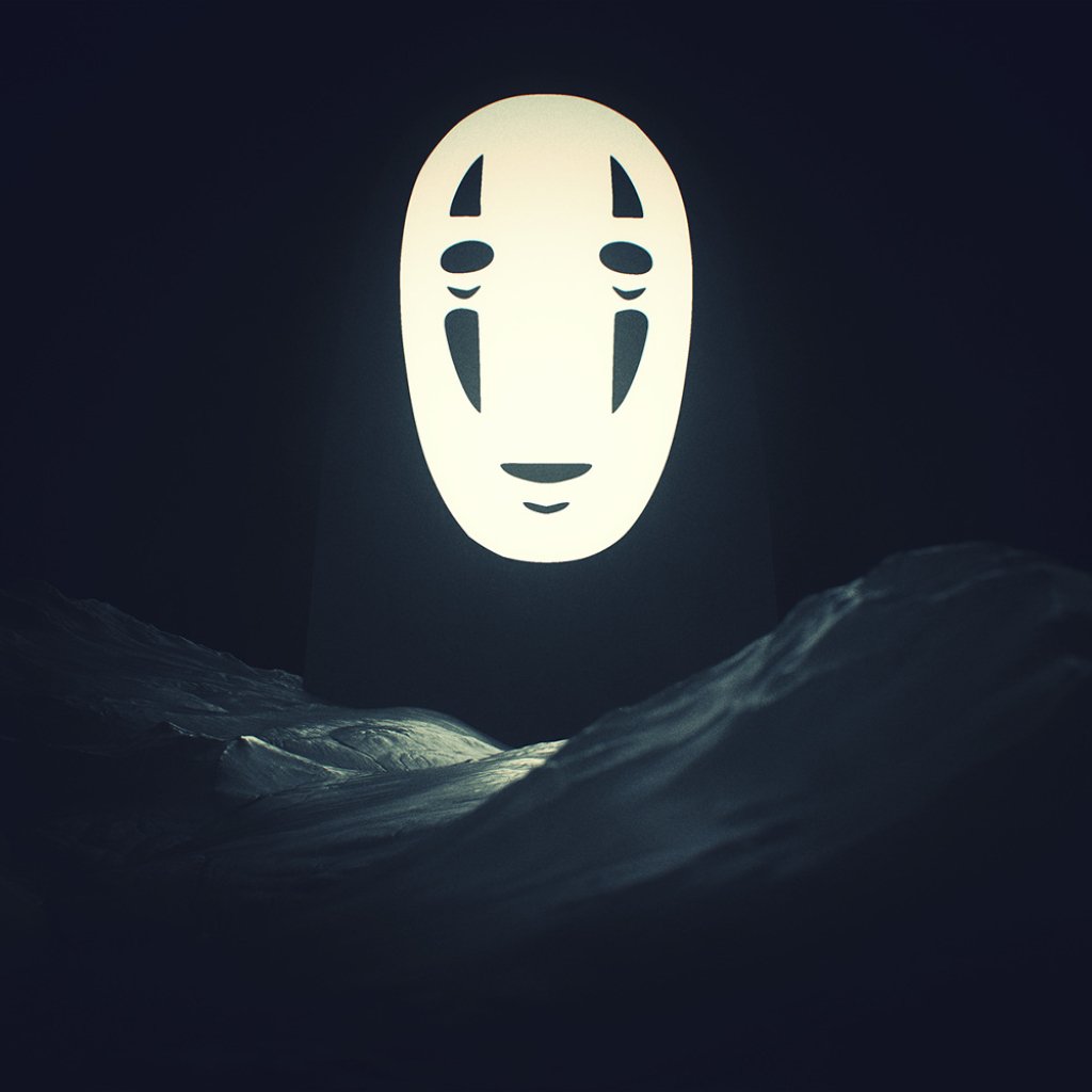 Forum avatar: glowing No-Face (Kaonashi) mask from Spirited Away hovering above dark, misty ground — minimalist anime profile picture.