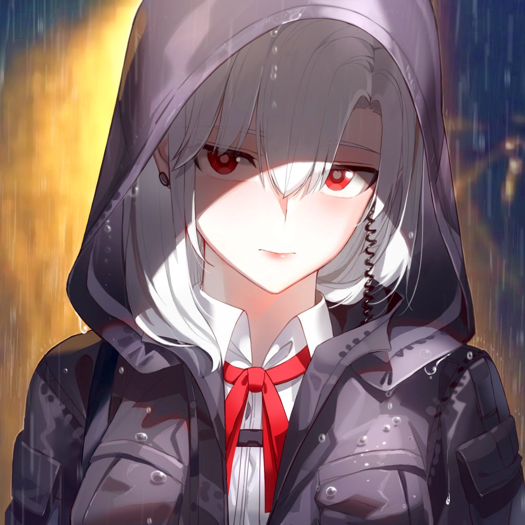 Anime forum avatar featuring a girl with silver hair, red eyes, and a black hooded jacket, set against a softly blurred rainy background.