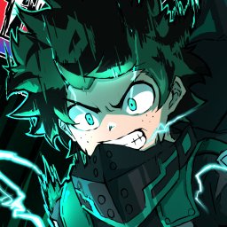 Close-up of Izuku Midoriya from My Hero Academia, depicted with intense expression and electric sparks, used as a dynamic anime forum avatar.