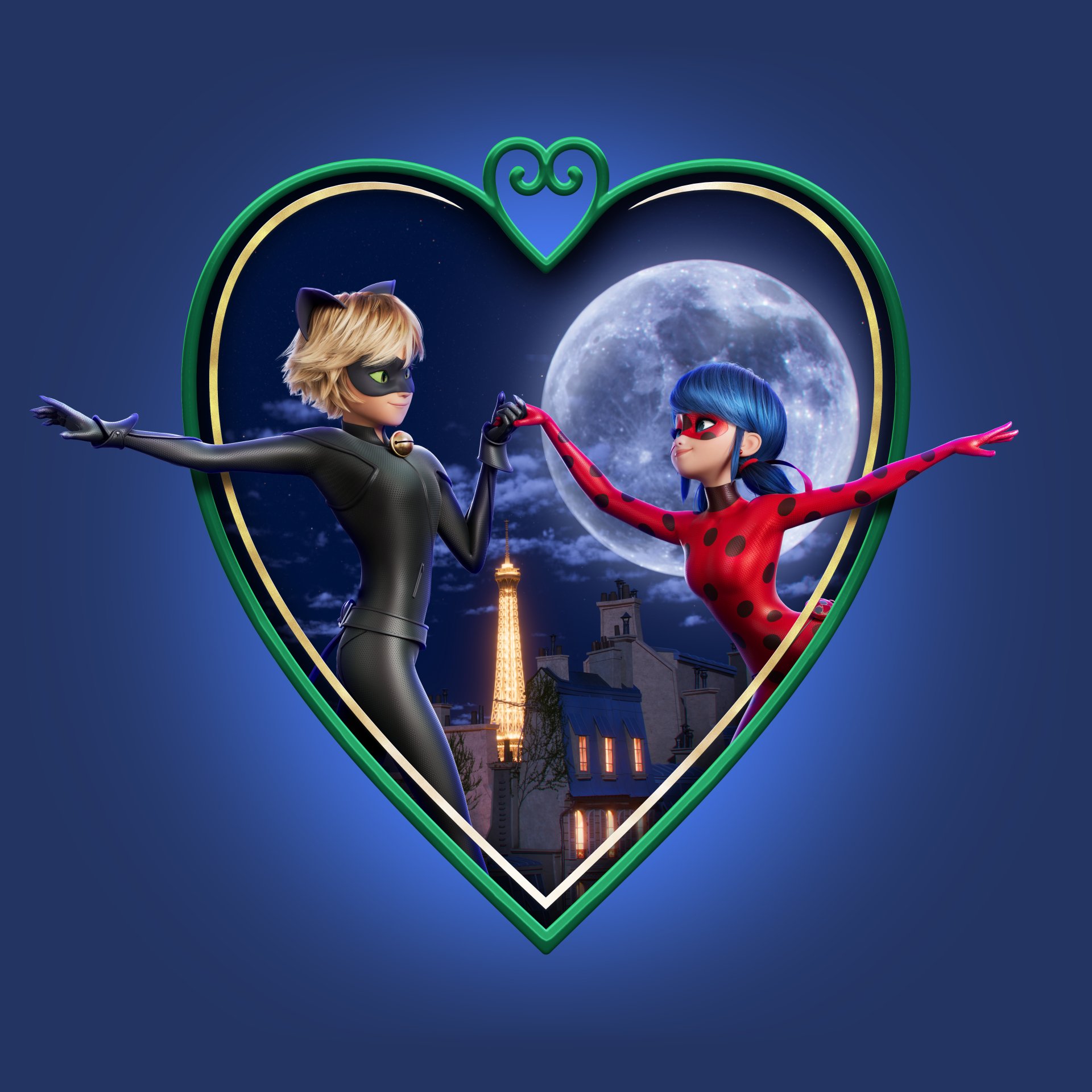 Forum avatar of Miraculous Ladybug: Ladybug and Cat Noir holding hands and dancing inside a heart-shaped frame with the moon and the Eiffel Tower in the background.