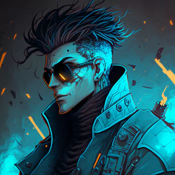 AI art, sci-fi, cyberpunk forum avatar/pfp: neon-lit profile of a futuristic man with shaved cybernetic temple, mirrored shades, high-collared jacket and glowing circuitry.
