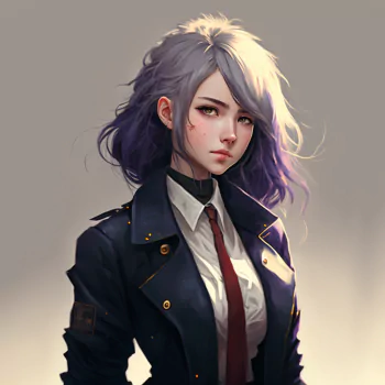 AI-generated anime-style portrait of a girl with shoulder-length purple hair, wearing a dark jacket and red tie, used as a forum avatar or profile photo.