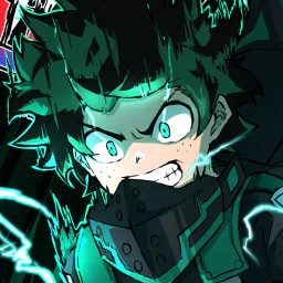 Close-up of Izuku Midoriya from My Hero Academia, depicted with intense expression and electric sparks, used as a dynamic anime forum avatar.
