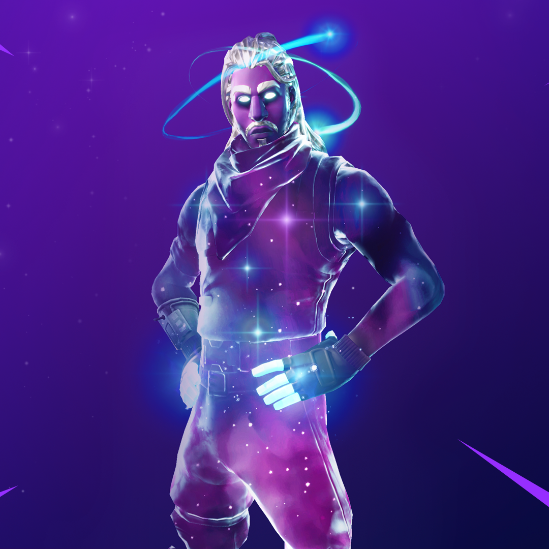 Fortnite character with glowing eyes and cosmic effects, set against a vibrant purple background, used as a video game forum avatar.