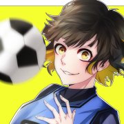 Anime Blue Lock forum avatar: smiling dark-haired player with yellow eyes in blue kit, hand on chest, soccer ball beside him against a bright yellow background.