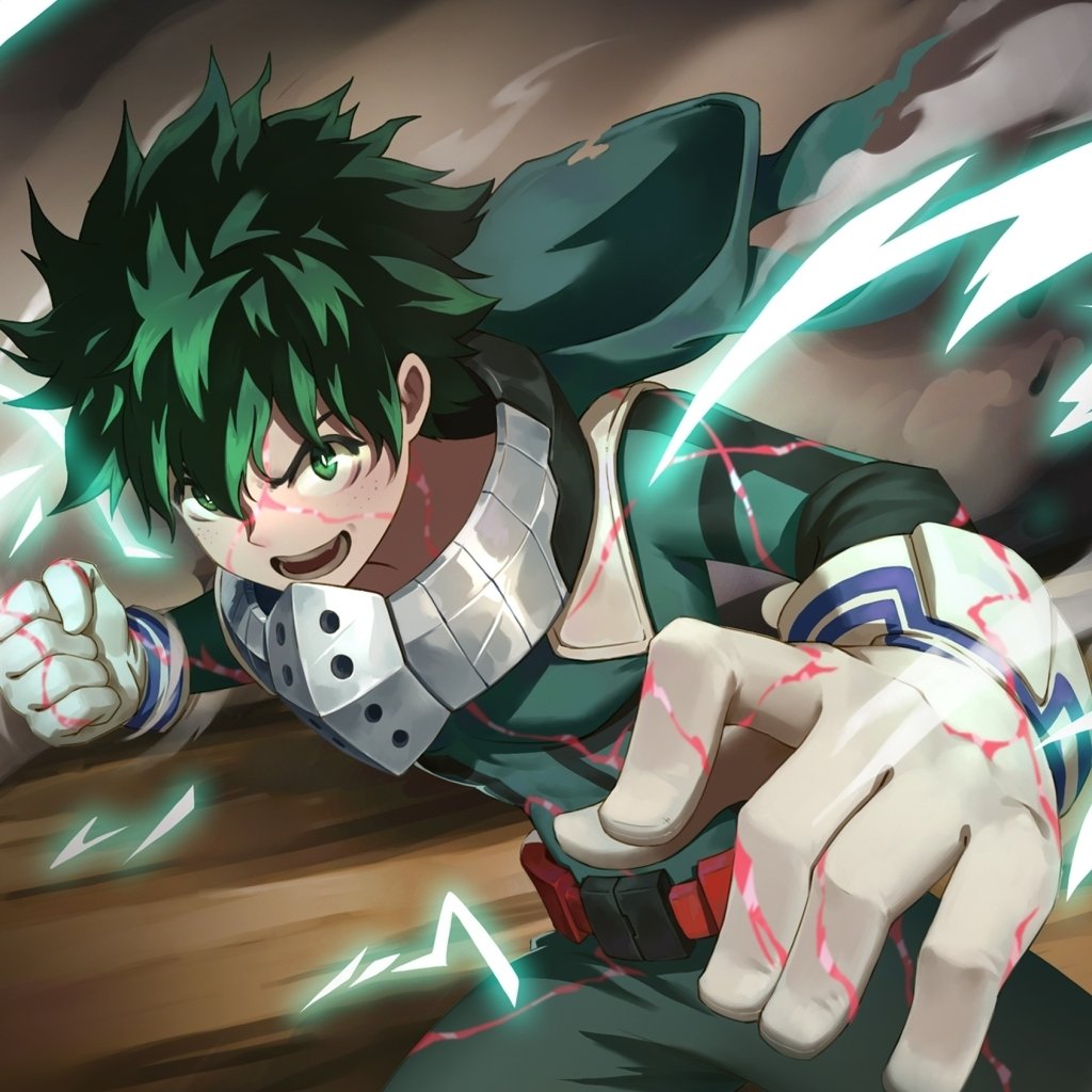 Forum avatar of Izuku Midoriya (My Hero Academia): green-haired hero in his costume lunging forward, crackling green energy around his fist.