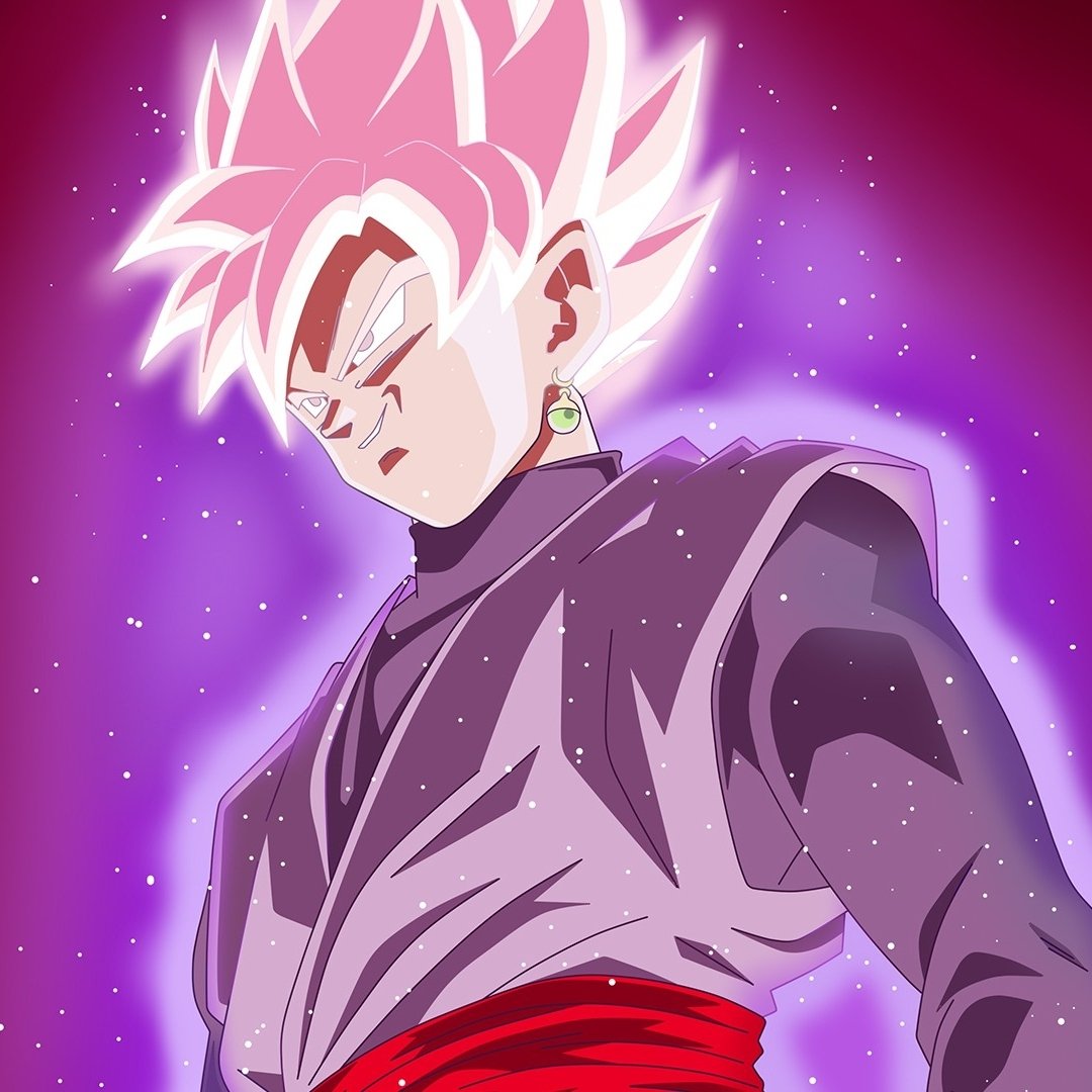 Profile avatar of Black Goku (Dragon Ball Super): pink-haired, dark-gi figure with Potara earring and glowing purple aura.