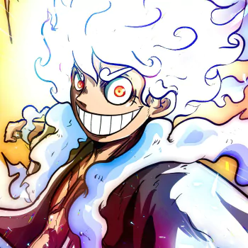 Forum avatar/pfp of Monkey D. Luffy (Gear 5, One Piece) — grinning wildly with white, cloud-like hair, blazing eyes and a billowing coat in vivid anime style.
