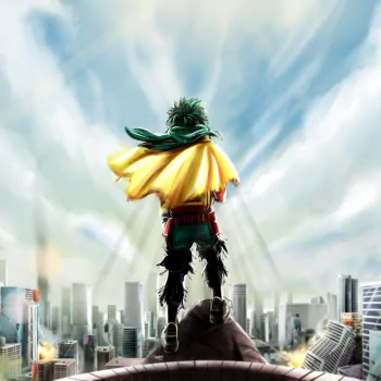 Izuku Midoriya from My Hero Academia stands heroically on a rooftop overlooking a cityscape, with his iconic green hair and yellow cape flowing in the wind.