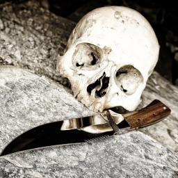 Old skull and knife in a cave by Amort1939