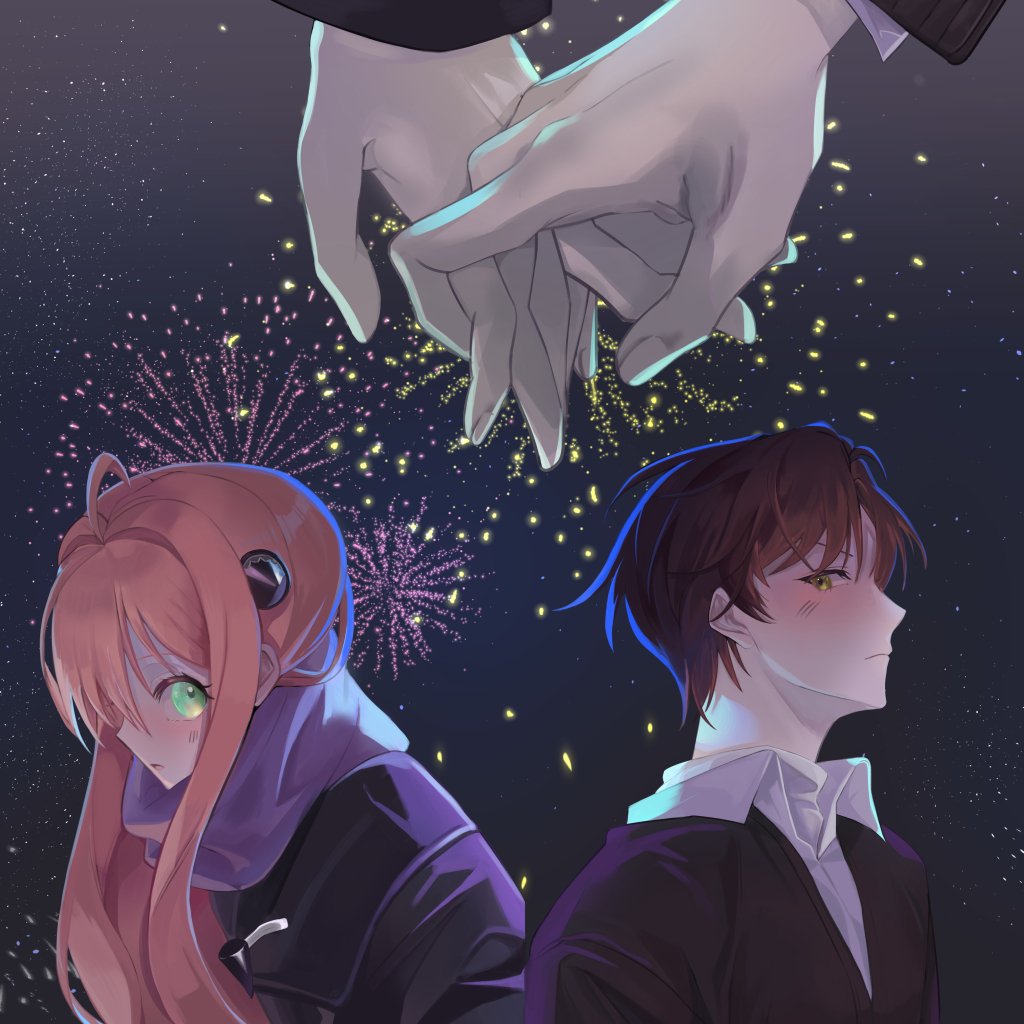 Anime-style forum avatar featuring Anya Forger and Damian Desmond from Spy x Family, back-to-back beneath fireworks with clasped hands held overhead.